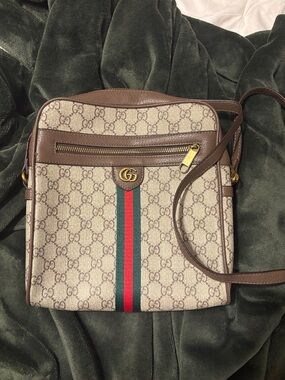 Brown Monogram Crossbody Bag with Web Stripe